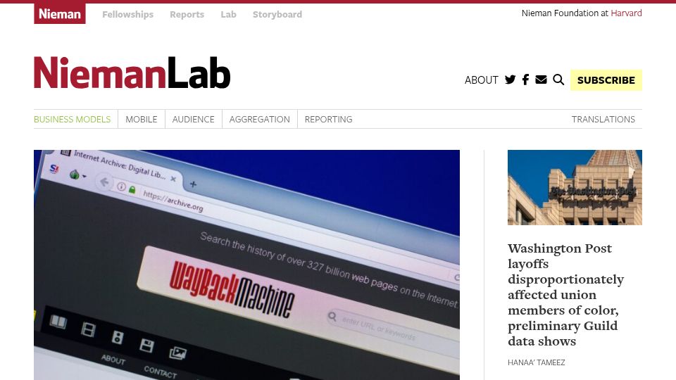 Screenshot of niemanlab.org: News publishers limit Internet Archive access due to AI scraping concerns