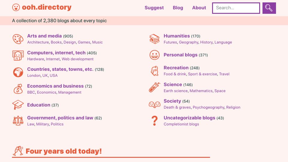 Screenshot of ooh.directory: Ooh.directory: a place to find good blogs that interest you