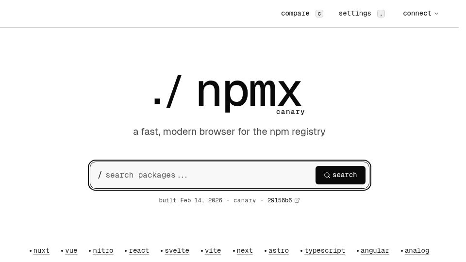 Screenshot of npmx.dev: NPMX – a fast, modern browser for the NPM registry