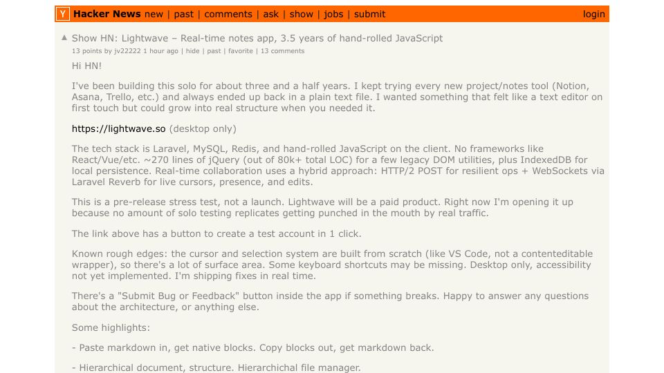 Screenshot of Hacker News post: Show HN: Lightwave – Real-time notes app, 3.5 years of hand-rolled JavaScript