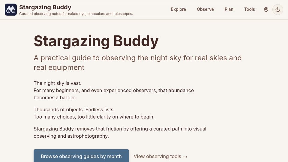 Screenshot of stargazingbuddy.com: A practical guide to observing the night sky for real skies and real equipment