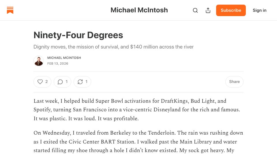 Screenshot of zamoshi.substack.com: Ex-Tech –> Homeless in SF