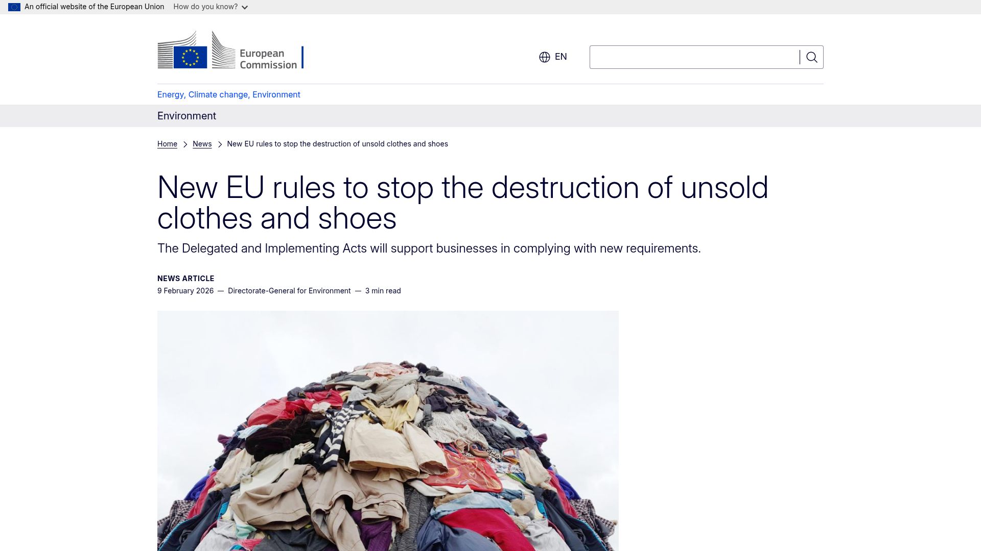 Screenshot of environment.ec.europa.eu: EU bans the destruction of unsold apparel, clothing, accessories and footwear
