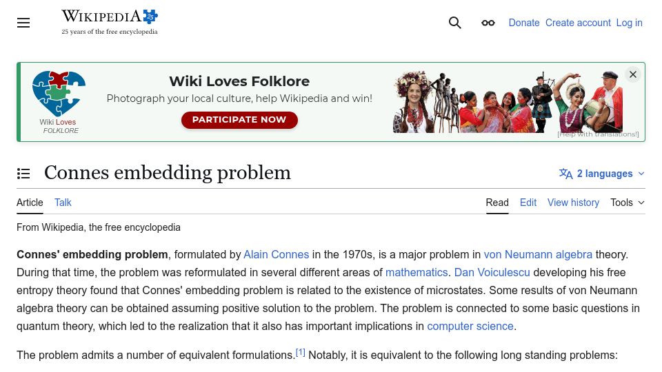 Screenshot of en.wikipedia.org: Connes Embedding Problem