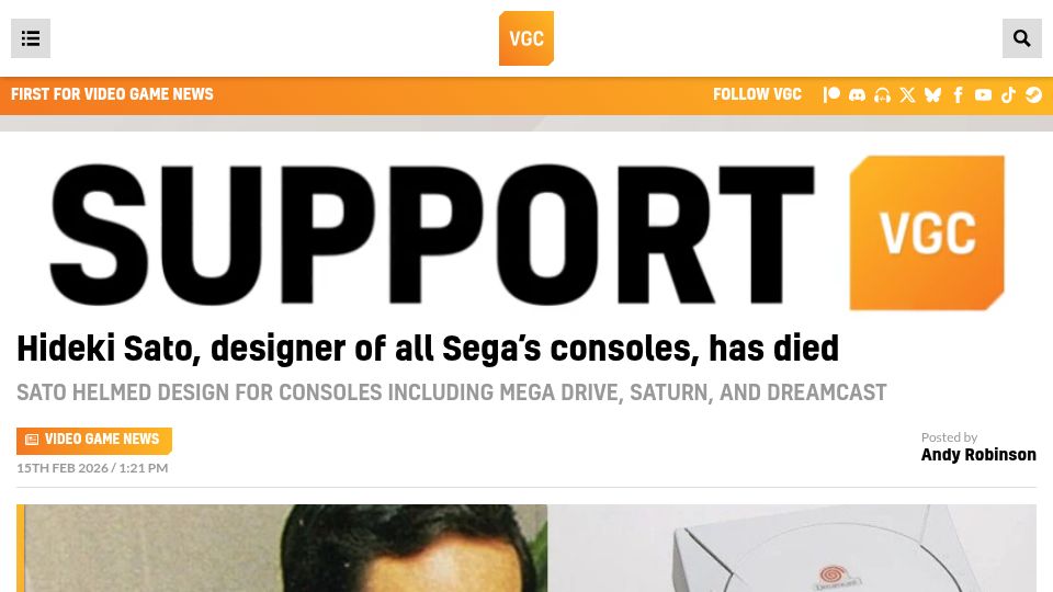 Screenshot of videogameschronicle.com: Hideki Sato, designer of all Sega's consoles, has died