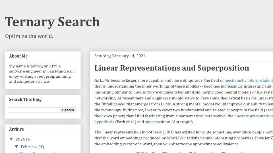 Screenshot of ternarysearch.blogspot.com: Linear Representations and Superposition