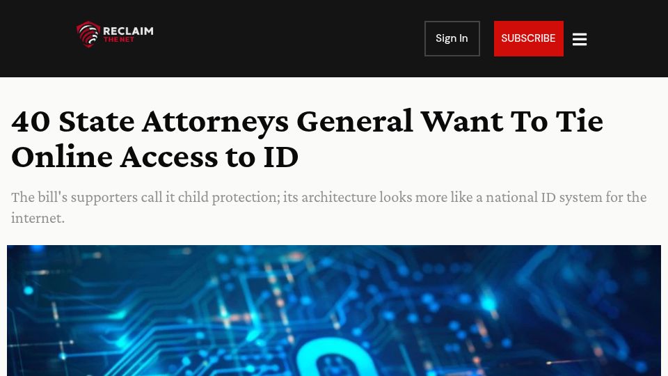 Screenshot of reclaimthenet.org: State Attorneys General Want to Tie Online Access to ID
