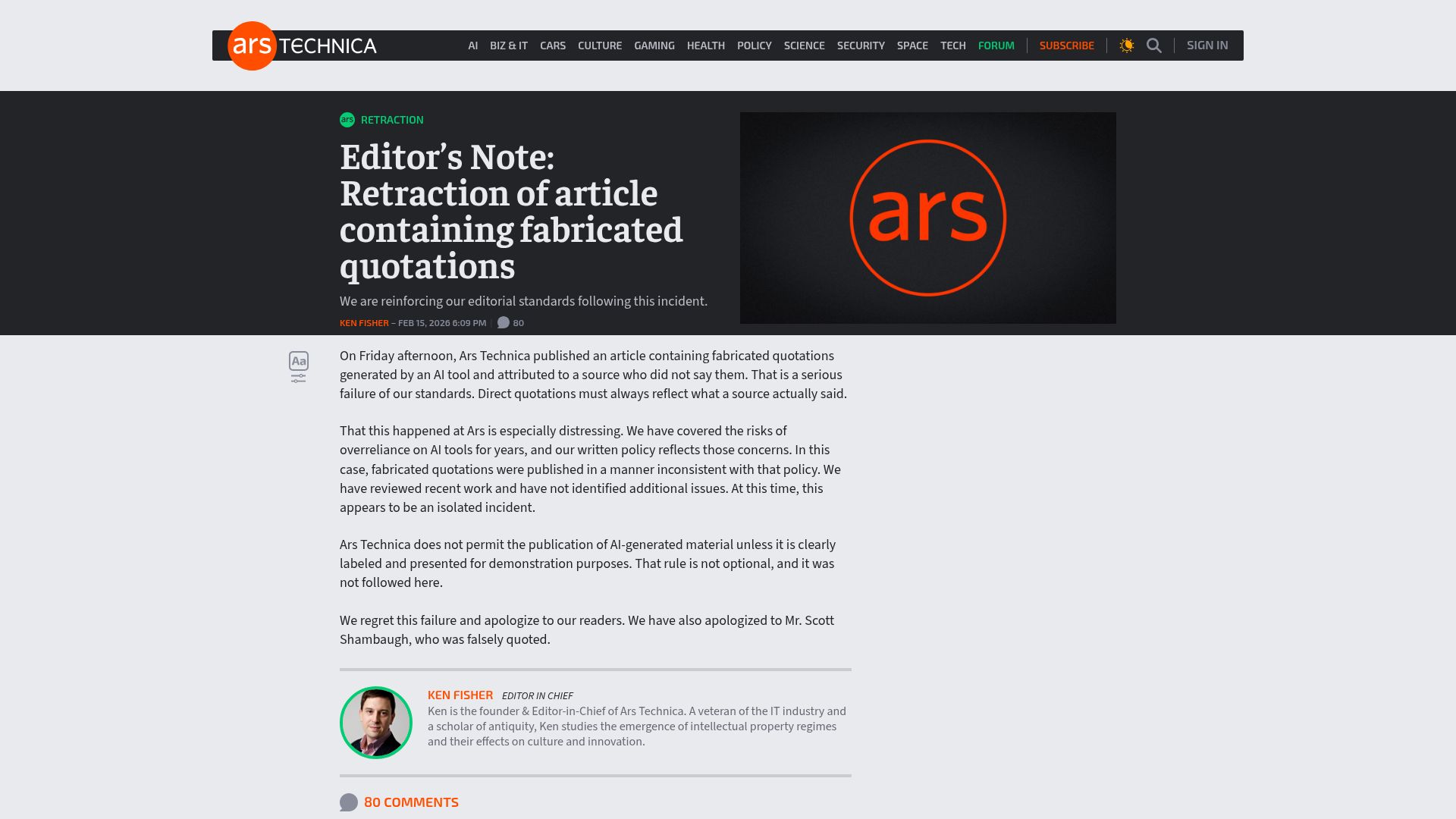 Screenshot of arstechnica.com: Editor's Note: Retraction of article containing fabricated quotations