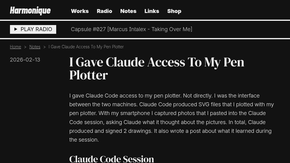 Screenshot of harmonique.one: I gave Claude access to my pen plotter