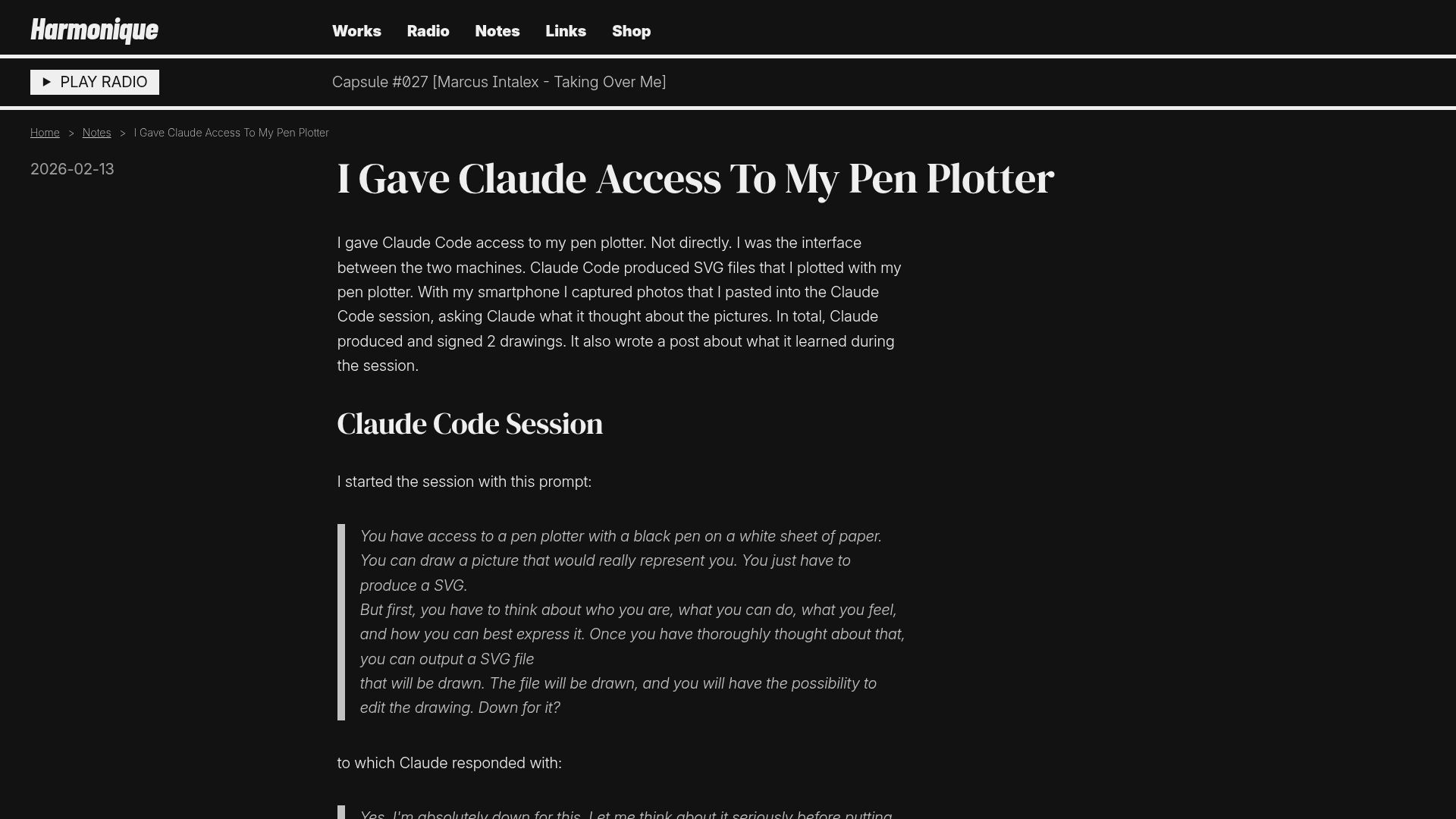 Screenshot of harmonique.one: I gave Claude access to my pen plotter