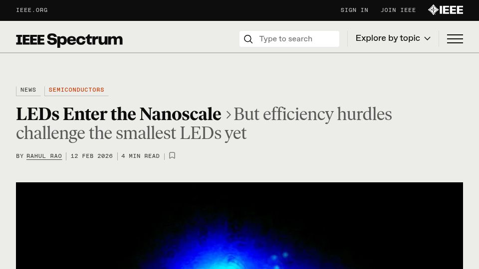 Screenshot of spectrum.ieee.org: LEDs Enter the Nanoscale, But efficiency hurdles challenge the smallest LEDs yet