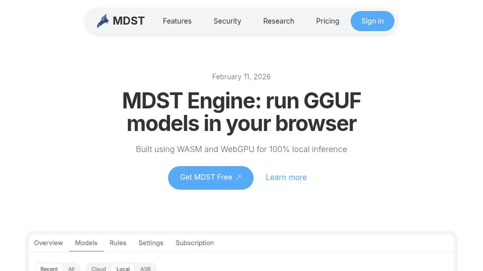 Screenshot of mdst.app: MDST Engine: run GGUF models in the browser with WebGPU/WASM