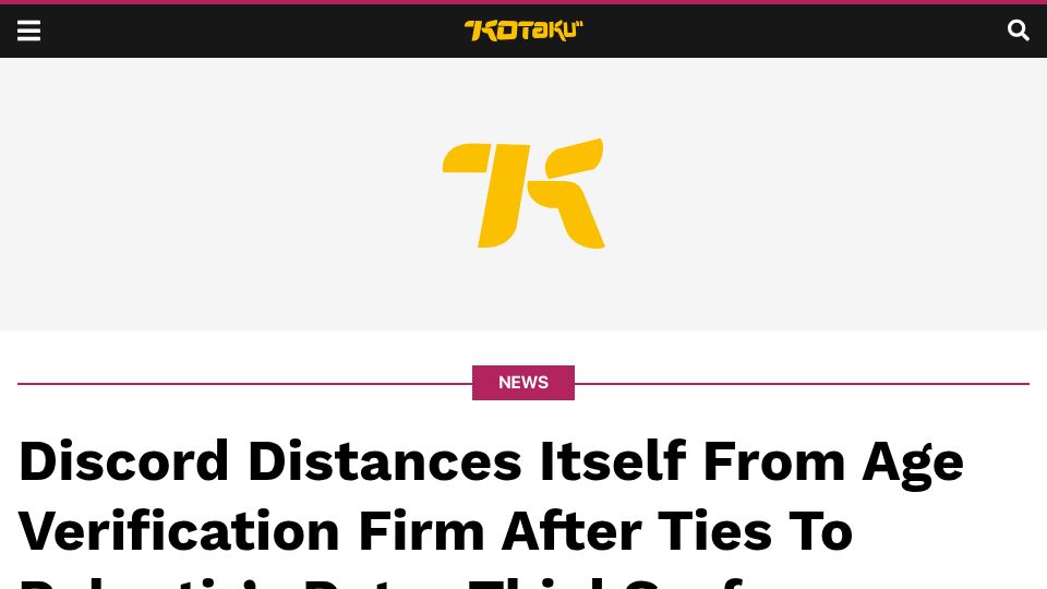 Screenshot of kotaku.com: Discord Distances Itself from Peter Thiel's Palantir Age Verification Firm