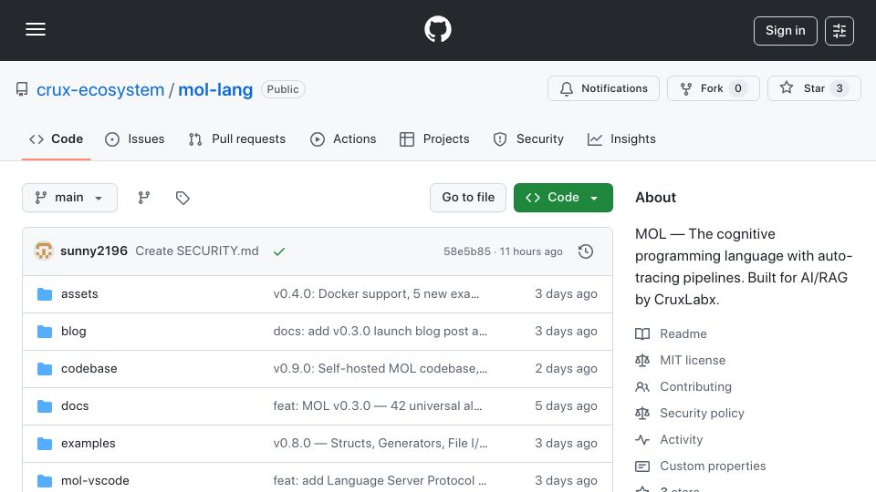 Screenshot of github.com: Show HN: MOL – A programming language where pipelines trace themselves