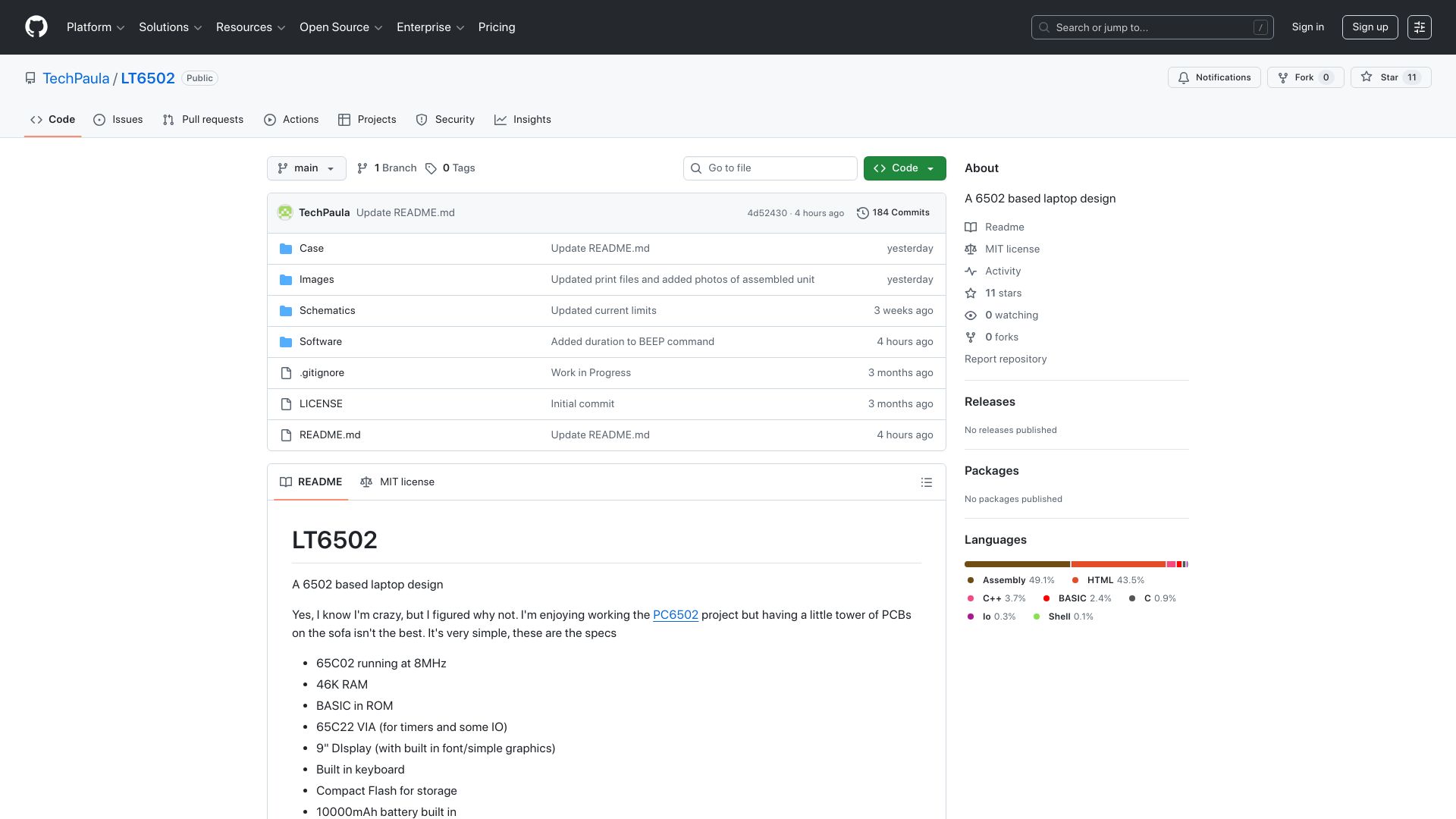Screenshot of github.com: LT6502: A 6502-based homebrew laptop