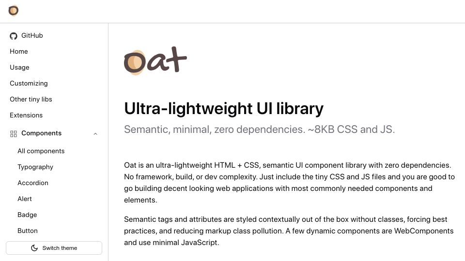 Screenshot of oat.ink: Oat – Ultra-lightweight, zero dependency, semantic HTML, CSS, JS UI library