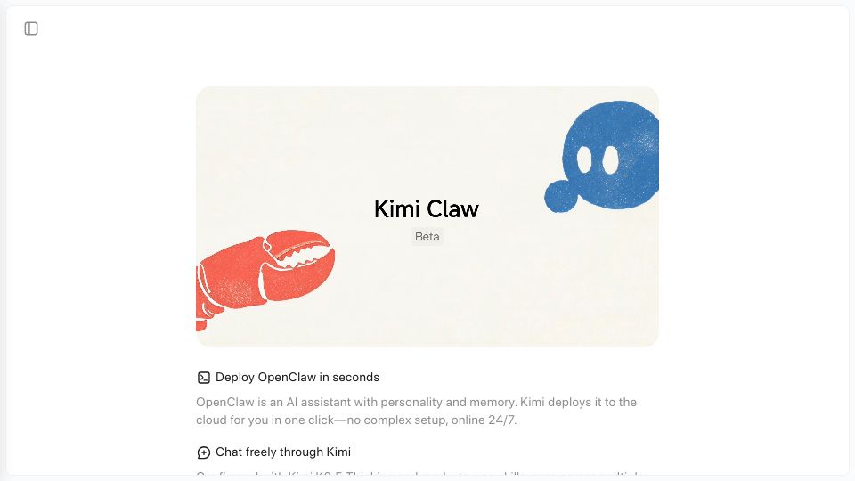 Screenshot of kimi.com: Kimi Claw