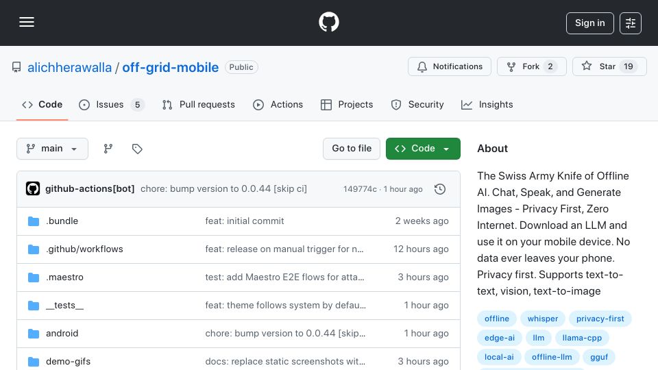 Screenshot of github.com: Show HN: Off Grid – Run AI text, image gen, vision offline on your phone