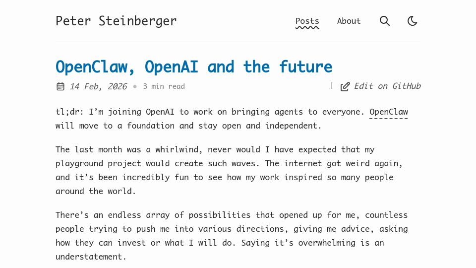 Screenshot of steipete.me: I’m joining OpenAI