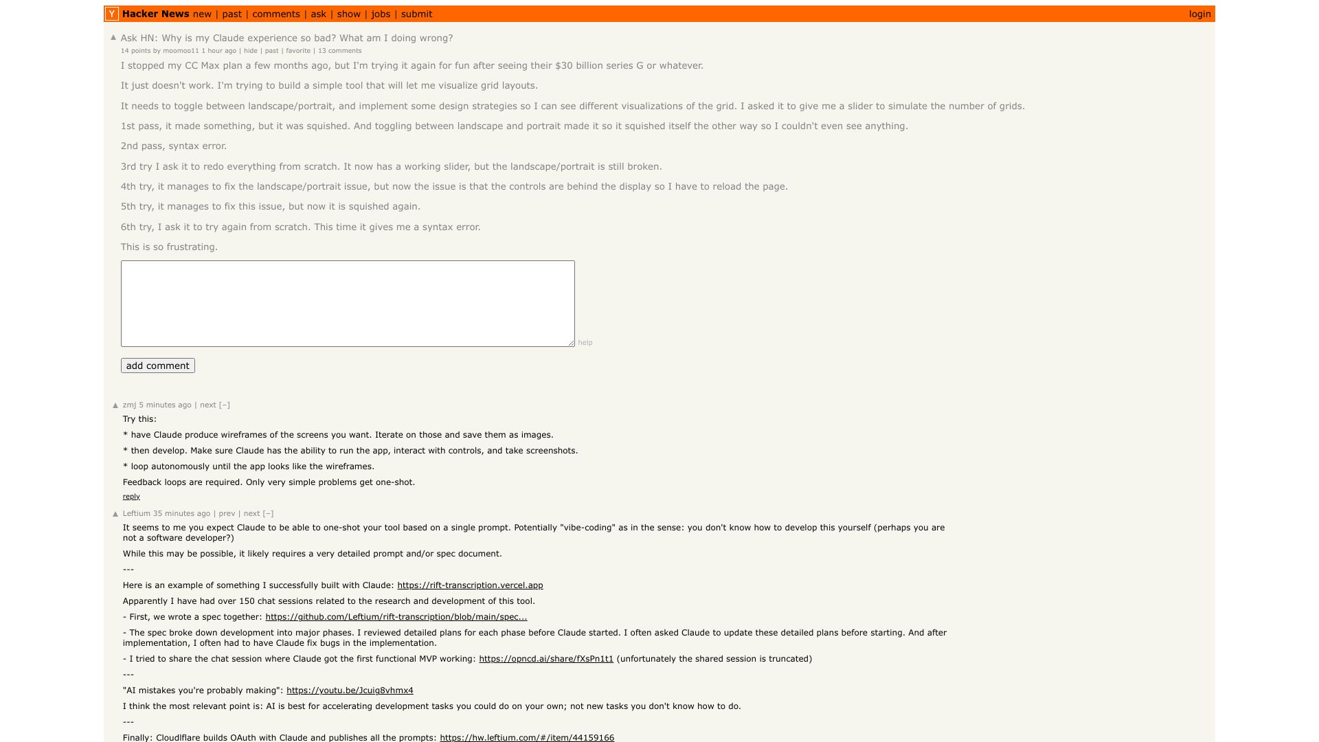 Screenshot of this Hacker News post: Ask HN: Why is my Claude experience so bad? What am I doing wrong?