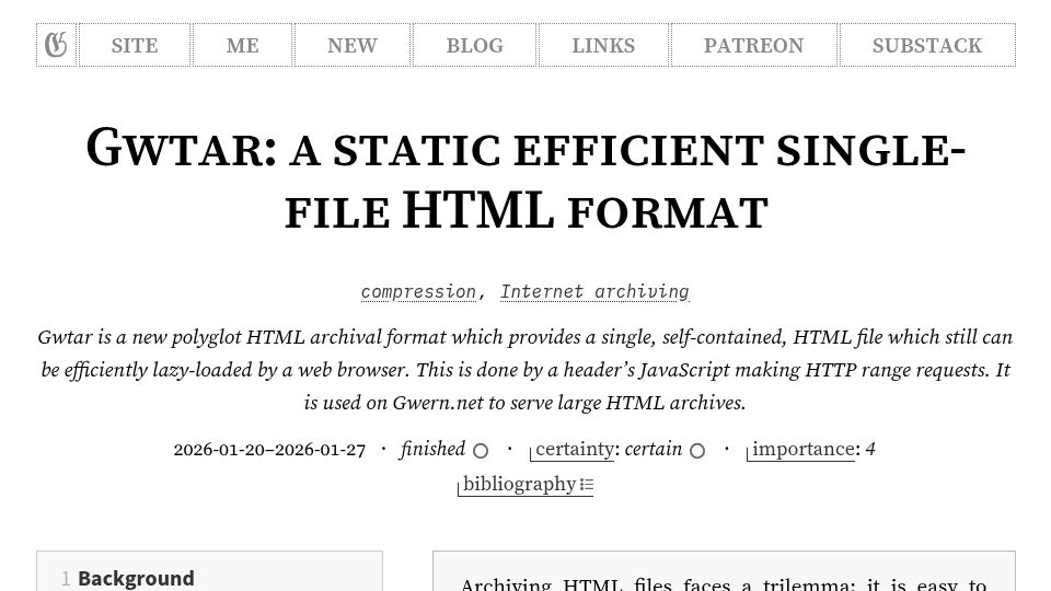 Screenshot of gwern.net: Gwtar: A static efficient single-file HTML format