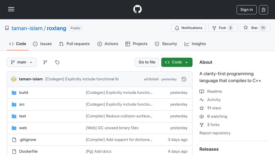 Screenshot of github.com: I'm building a clarity-first language (compiles to C++)