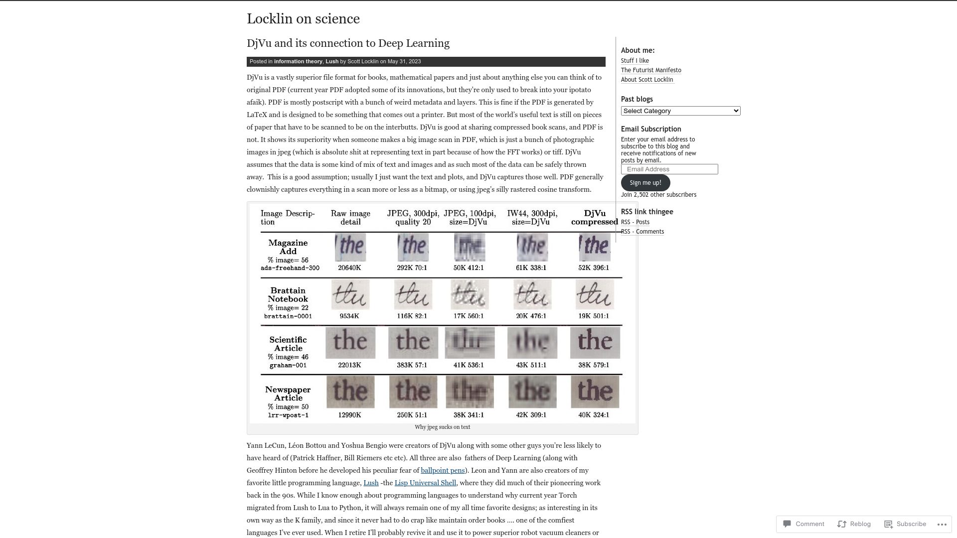 Screenshot of scottlocklin.wordpress.com: DjVu and its connection to Deep Learning (2023)
