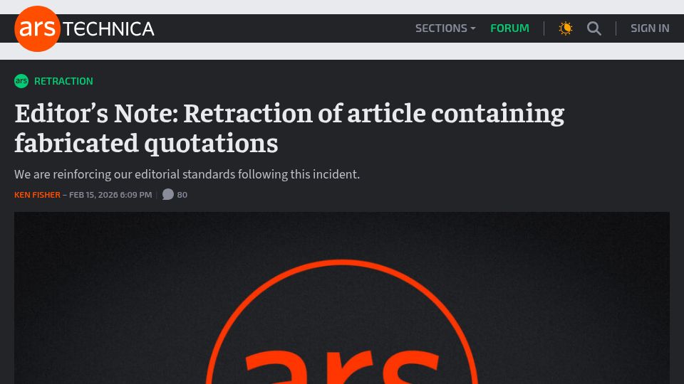 Screenshot of arstechnica.com: Editor's Note: Retraction of article containing fabricated quotations