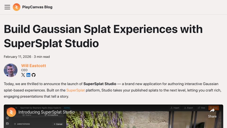 Screenshot of blog.playcanvas.com: Build Gaussian Splat Experiences with SuperSplat Studio