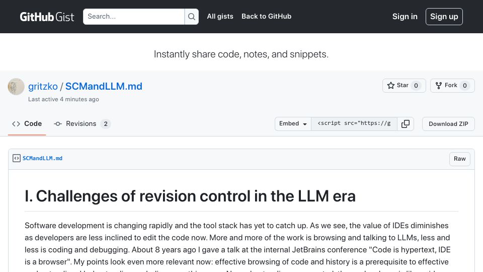 Screenshot of gist.github.com: SCM as a database for the code