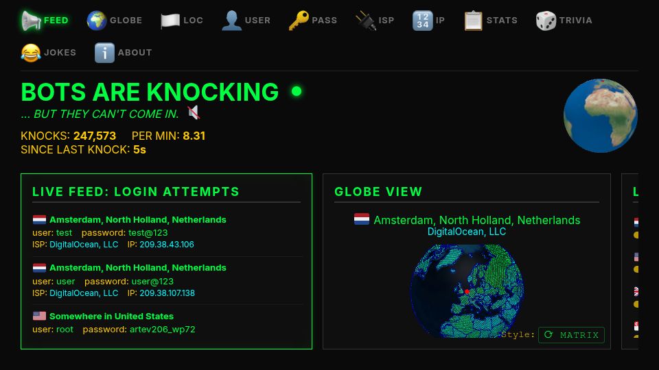 Screenshot of knock-knock.net: Show HN: Knock-Knock.net – Visualizing the bots knocking on my server's door