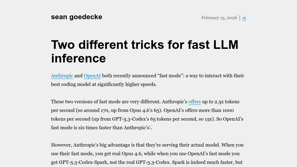 Screenshot of seangoedecke.com: Two different tricks for fast LLM inference