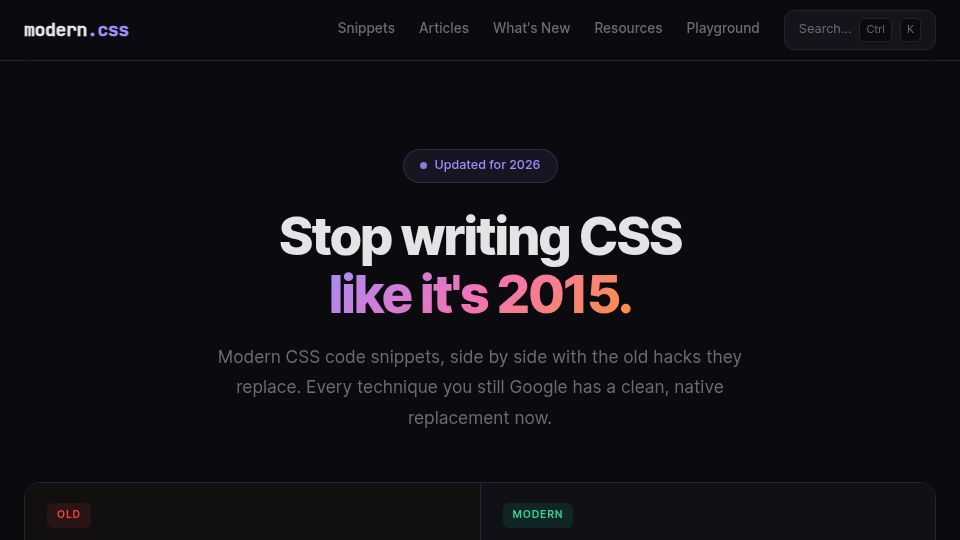 Screenshot of modern-css.com: Modern CSS Code Snippets: Stop writing CSS like it's 2015
