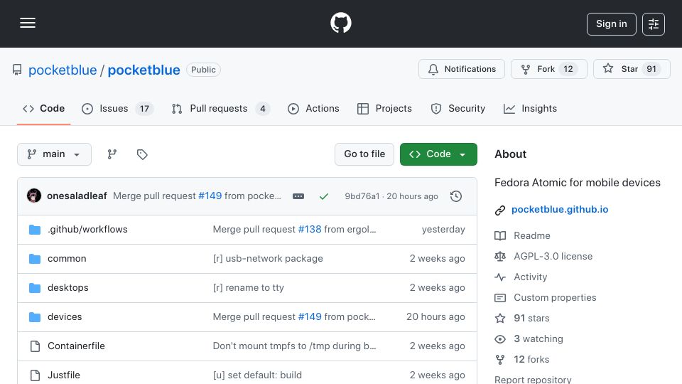 Screenshot of github.com: Pocketblue – Fedora Atomic for mobile devices