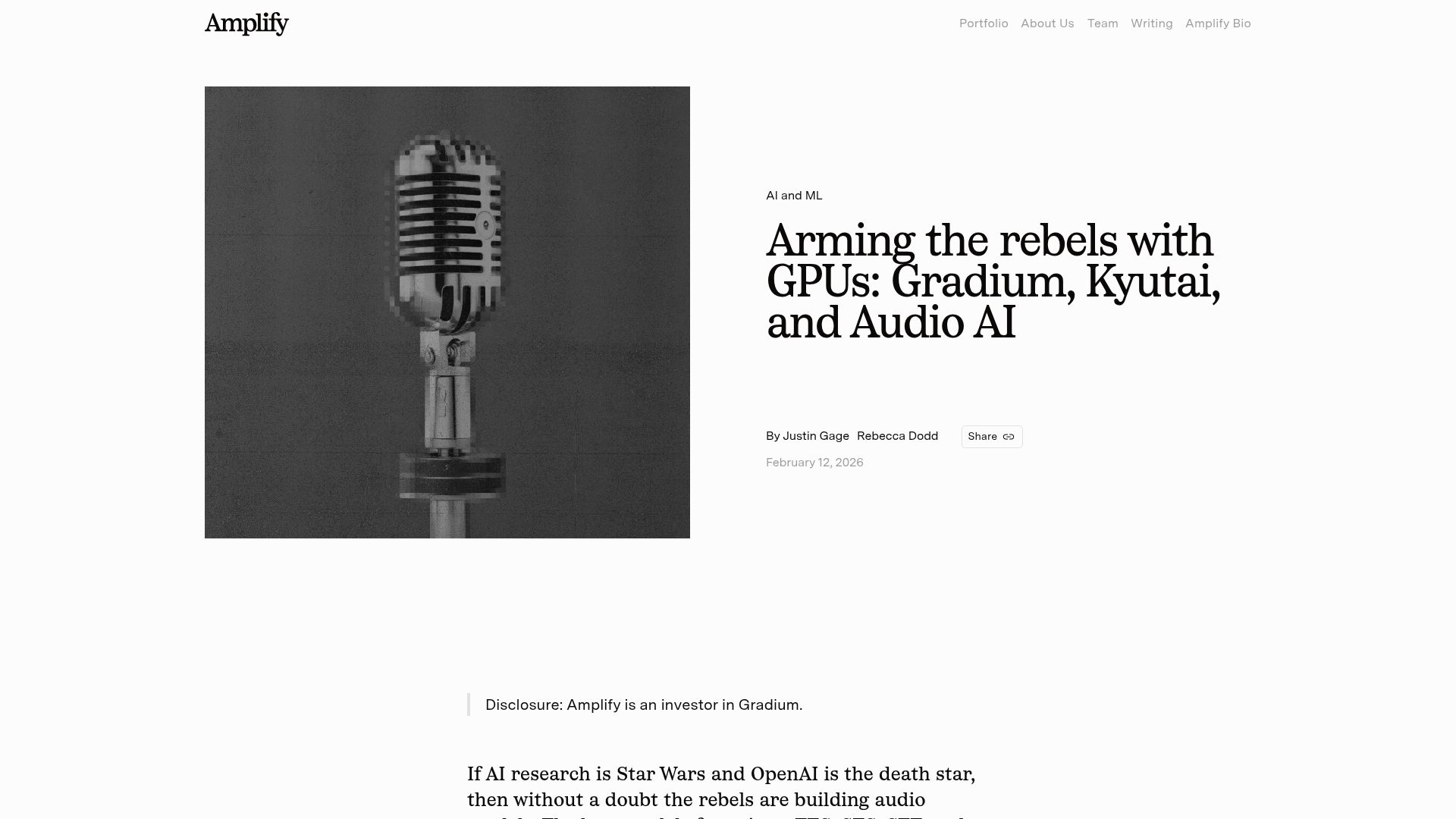 Screenshot of amplifypartners.com: Audio is the one area small labs are winning