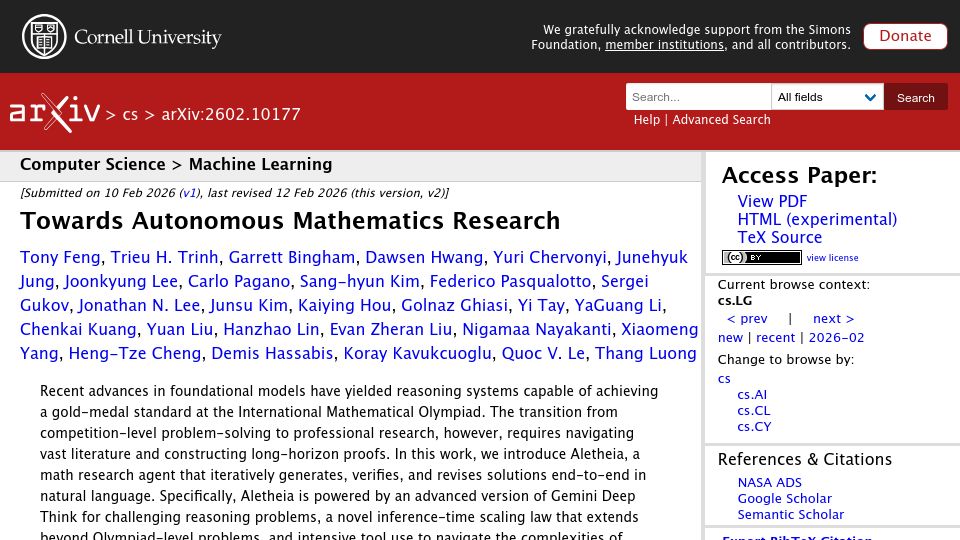 Screenshot of arxiv.org: Towards Autonomous Mathematics Research