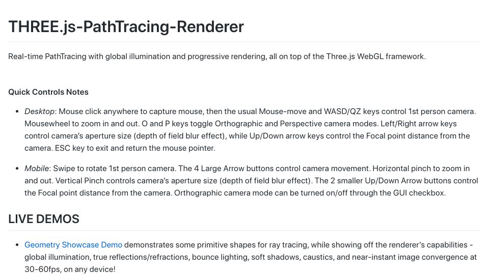 Screenshot of erichlof.github.io: Real-time PathTracing with global illumination in WebGL