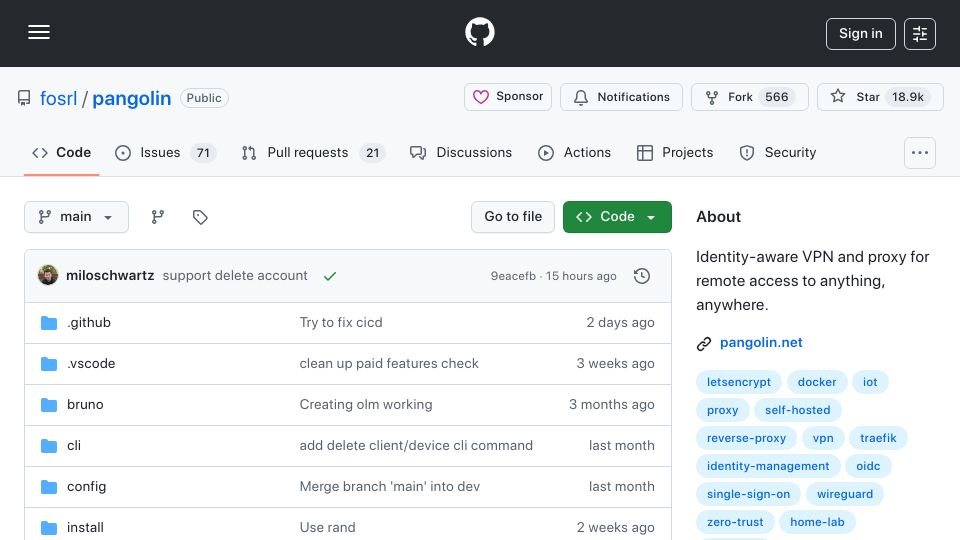 Screenshot of github.com: Show HN: Pangolin: Open-source identity-based VPN (Twingate/Zscaler alternative)