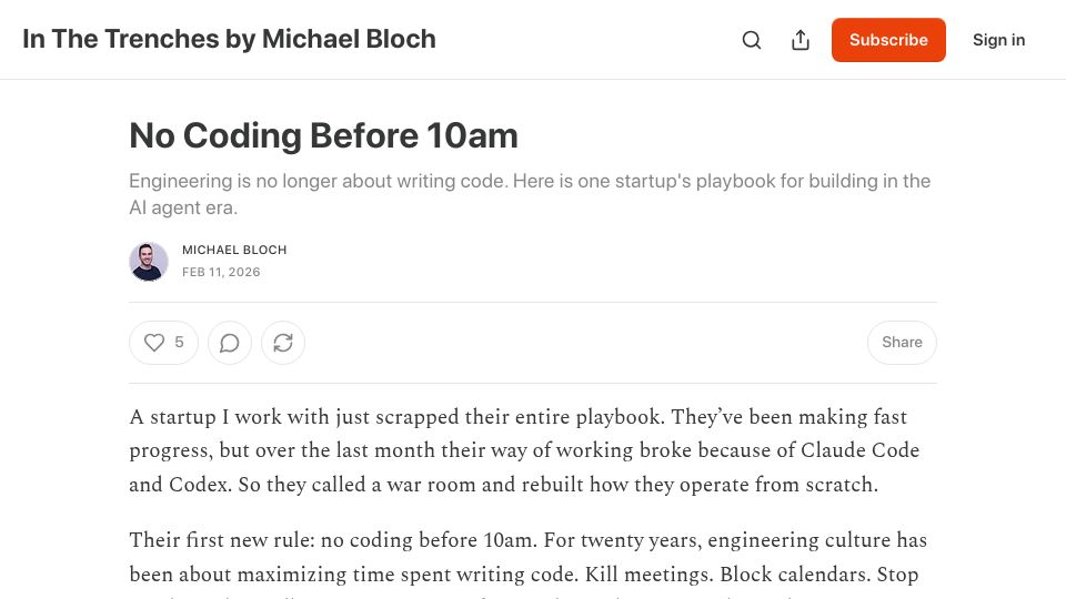 Screenshot of michaelxbloch.substack.com: No Coding Before 10am