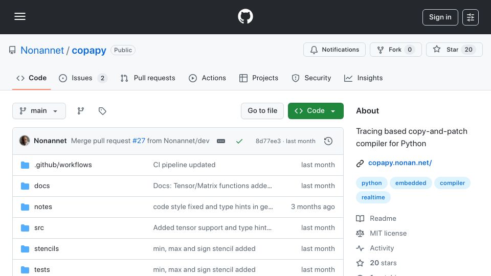 Screenshot of github.com: Show HN: Copy-and-patch compiler for hard real-time Python