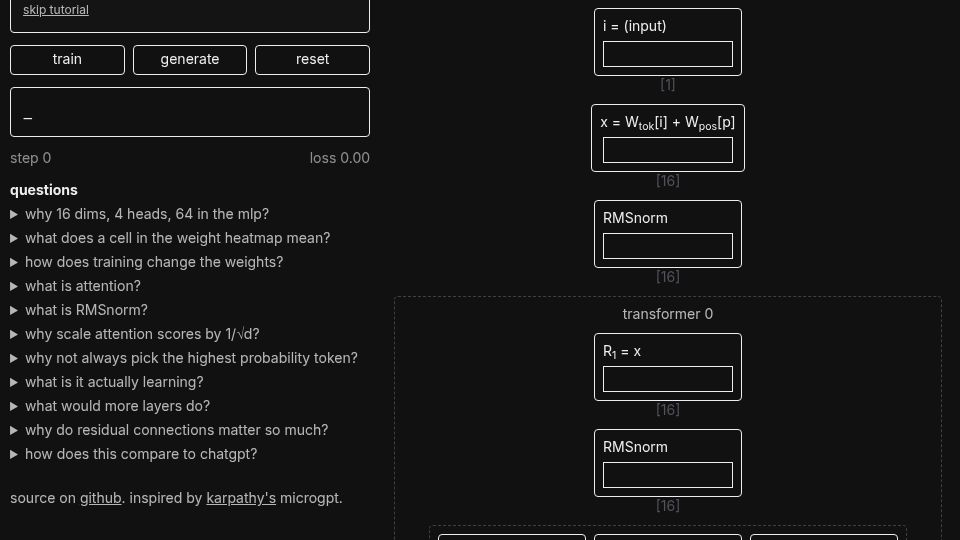 Screenshot of microgpt.boratto.ca: Show HN: Microgpt is a GPT you can visualize in the browser