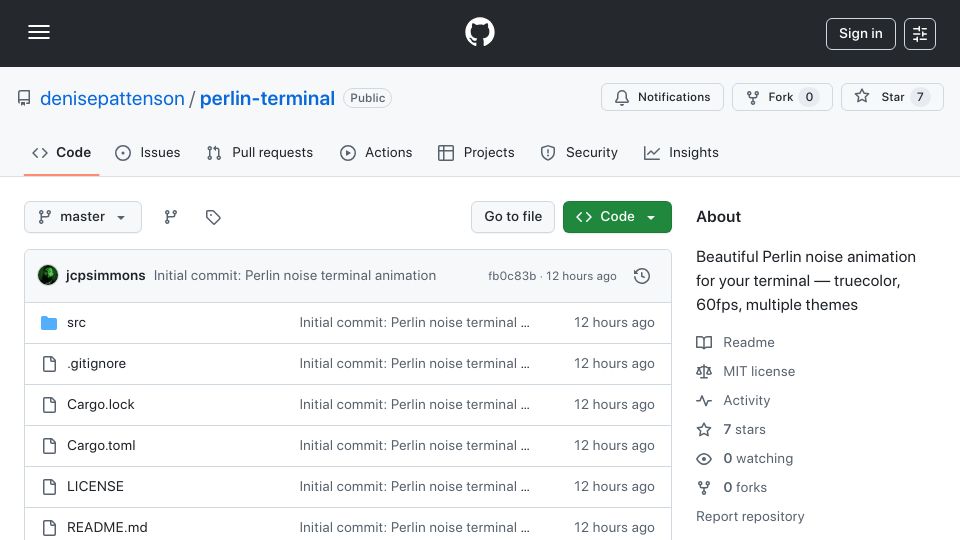 Screenshot of github.com: Show HN: Perlin Noise Terminal Animation in Rust (60 FPS, Truecolor)