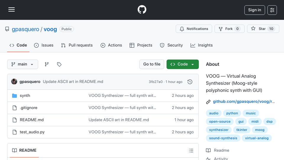 Screenshot of github.com: Show HN: VOOG – Moog-style polyphonic synthesizer in Python with tkinter GUI