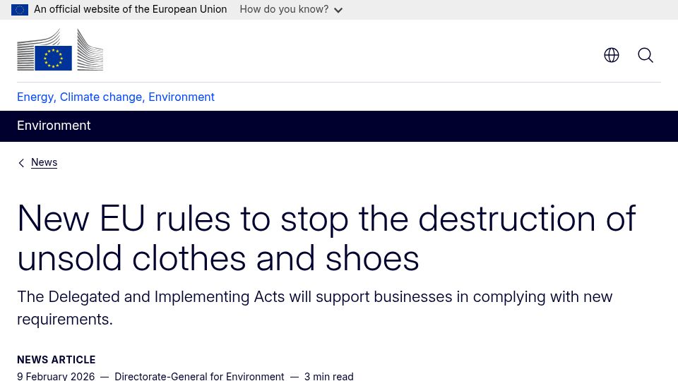 Screenshot of environment.ec.europa.eu: EU bans the destruction of unsold apparel, clothing, accessories and footwear