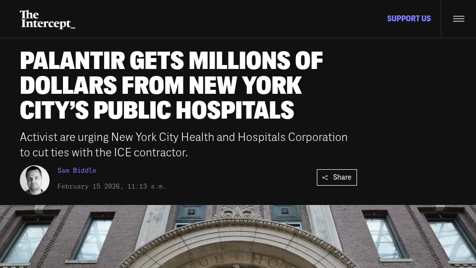 Screenshot of theintercept.com: Palantir Gets Millions of Dollars from New York City's Public Hospitals