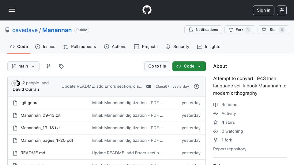 Screenshot of github.com: 1940s Irish sci-fi novel features early mecha and gravity assists