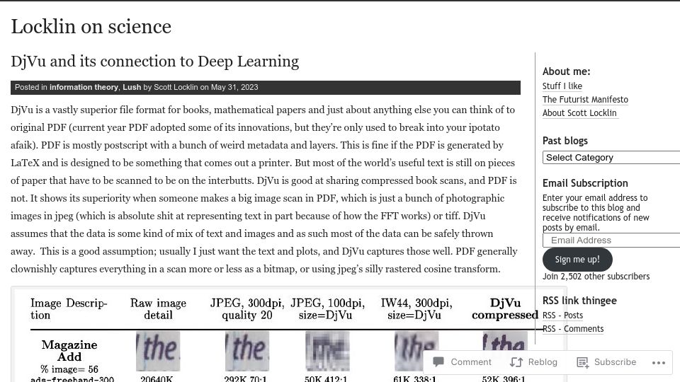 Screenshot of scottlocklin.wordpress.com: DjVu and its connection to Deep Learning (2023)