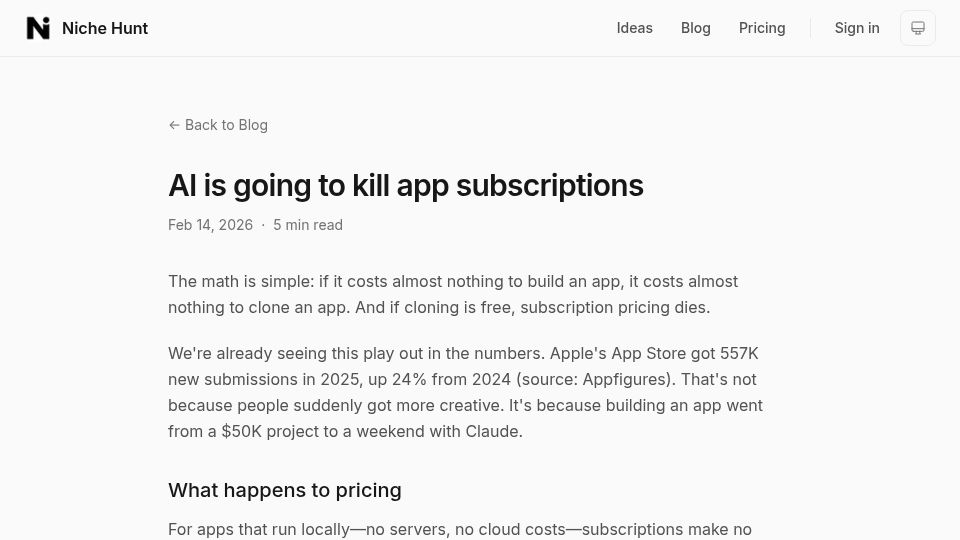 Screenshot of nichehunt.app: AI is going to kill app subscriptions