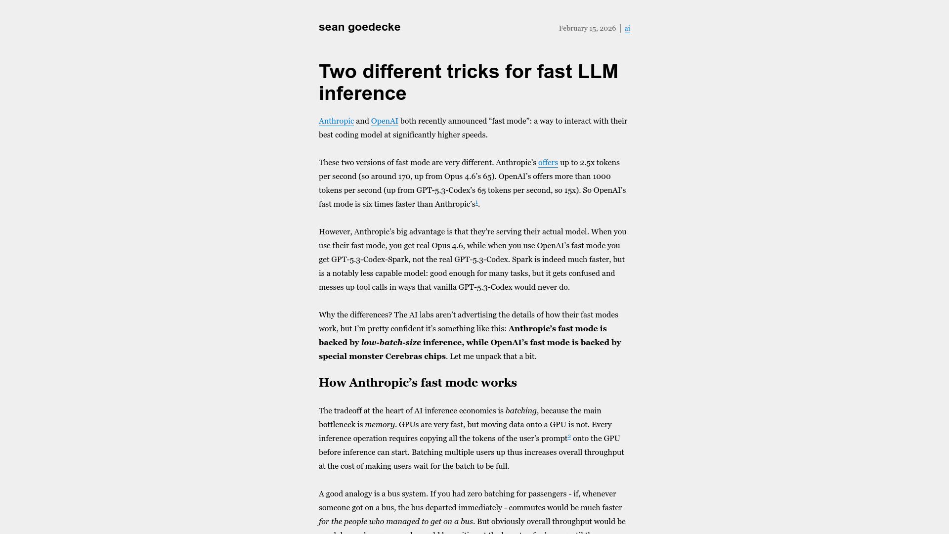 Screenshot of seangoedecke.com: Two different tricks for fast LLM inference