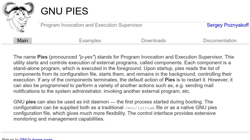 Screenshot of gnu.org.ua: GNU Pies – Program Invocation and Execution Supervisor